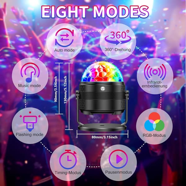 Diskolampe til DJ-fest - 15 farver, timer, musik, 360° rotation, selvlysende og USB 4M/13 fod