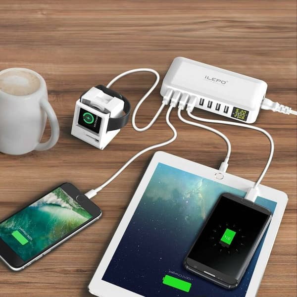 5V 8A 8-Port USB Charger with LCD Display, Smart Charging Station, Multi-Port USB Socket Compatible with iPhone XS XR SE