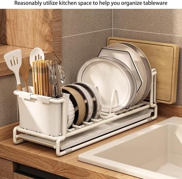 Large Extendable Dish Rack - Stainless Steel Kitchen Organizer with Cutlery and Cup Holder, Space-Saving