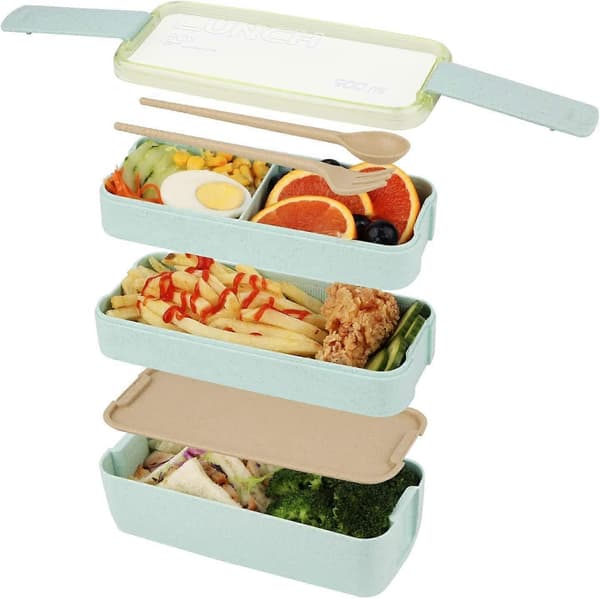 3-layer lunch box with compartments, spoon and fork, stackable container 900 ml, food storage box (Green)