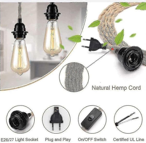 Hengelampekit med hamptau med bryter, DIY enkelthode, kabeltau E27 (bronse)