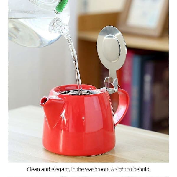 Red Ceramic Teapot with Lid and Strainer for Loose Teas, Serves One or Two