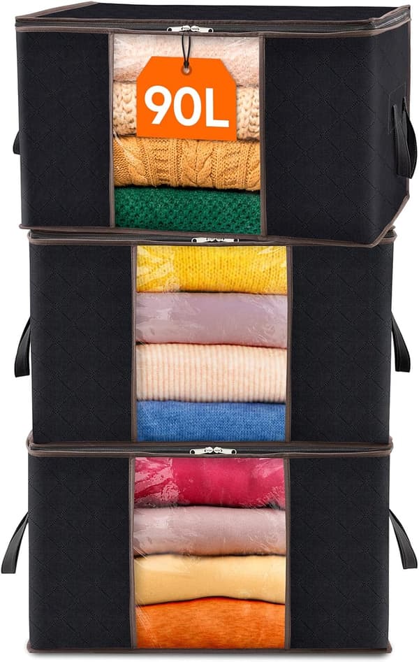 Large Storage Bag for Clothes with Reinforced Handle Thick Fabric for Quilts, Blankets, Bedding, 3-Pack, 90L, Black