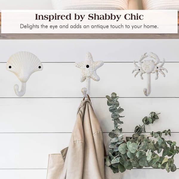 Decorative Iron Wall Hooks for Jackets, Hats, and Towels, Beach and Ocean Theme, Elegant Metal Hooks [DB] White white