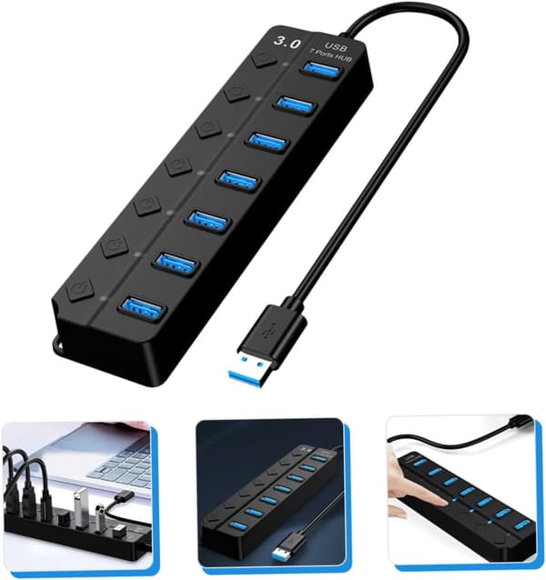 7-ports USB-hub USB-splitteradapter Backup-strøm Nem til bærbar og stationær computer