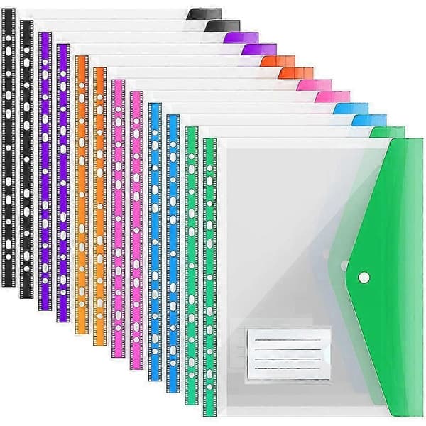 12-pack A4 plastmapp, expanderbara A4 expanderbara hålade fickor för A4-mappar, med snäppstängning