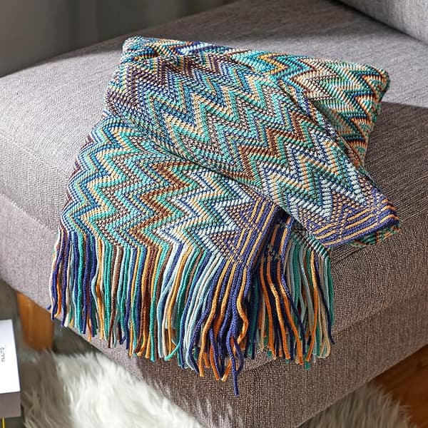 Boho-kast i strikket design med kvaster til udendørs brug, (blå 50x60