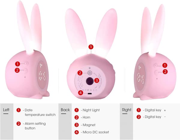 Rabbit Alarm Clock with Night Light, 6 Ringtones, Fun Touch Control and Rechargeable Snooze Clock for Kids