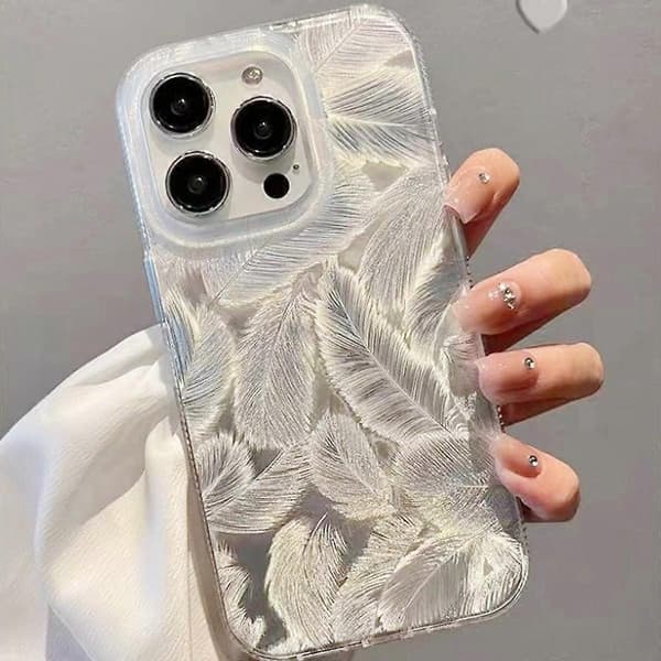 Til iPhone 13 Pro Cover Sølv Fjer Mønster Laserbehandlet Stødsikkert PC Telefoncover