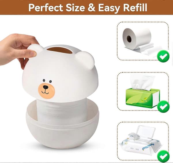 Tissue Box, Cartoon Bear Face Tissue Dispenser Holder Car Tissue Box Round Container (White)