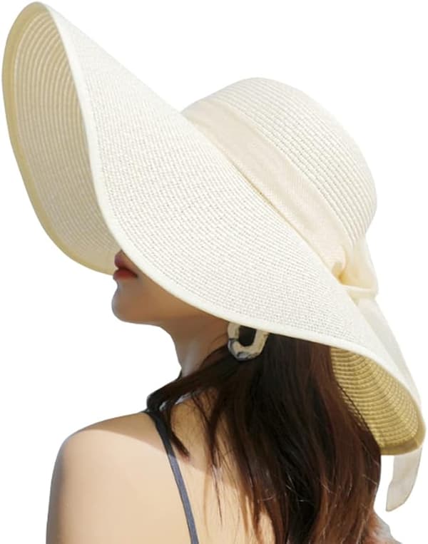 Sommerstråhat til kvinder - Bredskygget stråhat - Sammenfoldelig solhat - UPF 50+ strandhat (beige)