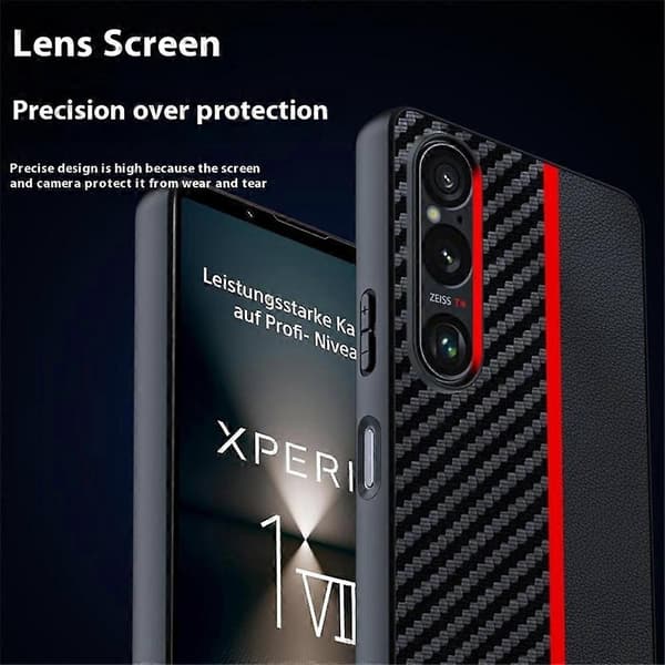 Til Sony Xperia 1 VII Cover Læder + PC Hårdt Telefoncover Kulfibertekstur - Sort Blå