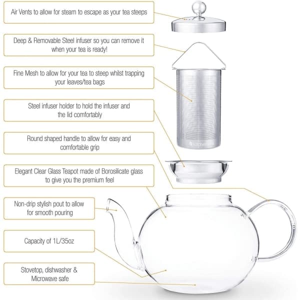 Glass Teapot with Removable Lid and Stainless Steel Infuser