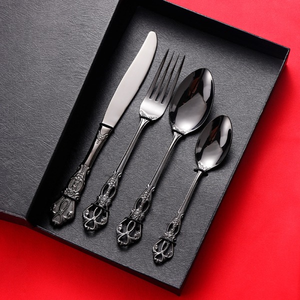 4-delt svart speilservise i rustfritt stål luksusbestikksett Service for inkludert kniver/gafler/skjeer/teskjeer, Tåler oppvaskmaskin