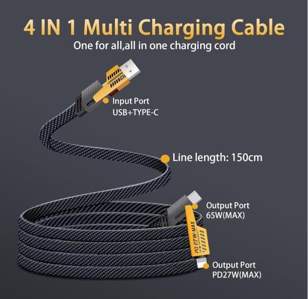 4-in-1 Multi USB Charging Cable: Universal Multi-point Fast Charging Cable, 1m Nylon Charging Cable QC 65W/PD 27W Compatible with iPhone Samsung Galaxy