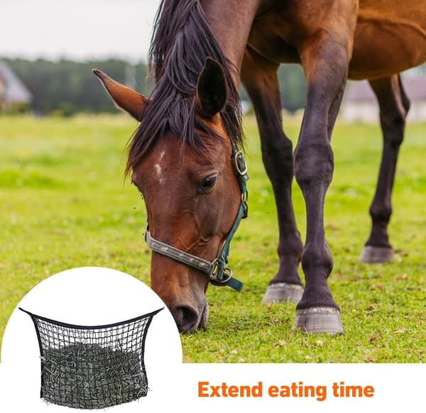 wxsp Hønet til heste, høpose til heste, stor 90 x 60 cm, maskestørrelse 3 x 3 cm, finmasket til 4 kg hø, foderpose, Hønet Hest, halmfodernet