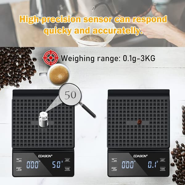 Digital Kaffevægt - 0,1g/3kg Præcision, Timer, Vandtæt, Stor LED-display (Sort)