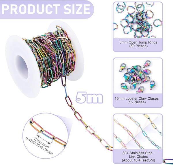 Papirclips-kæder til smykkefremstilling DIY armbånd halskæde rustfrit stål sæt med hummerlås og springringe regnbue Rainbow