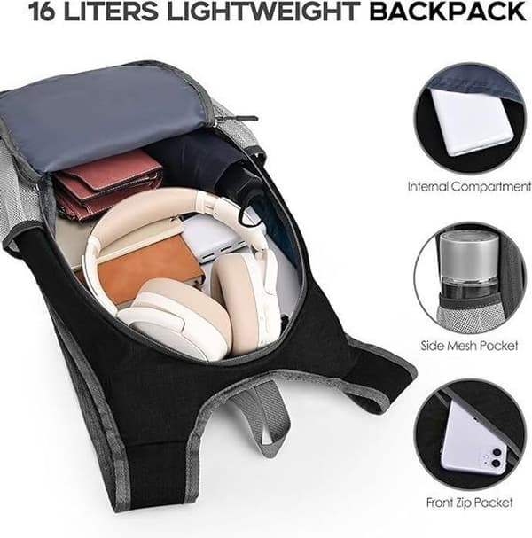 Small Ultralight Waterproof Foldable Backpack 16L Hiking Foldable Outdoor Portable Travel Sports Backpack, Black