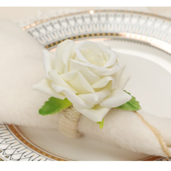 Håndlavede blomsterservietringe sæt med 12, hvide pæonblomst håndlavede servietholderringe Bordpynt til sommer, bryllup, frokost
