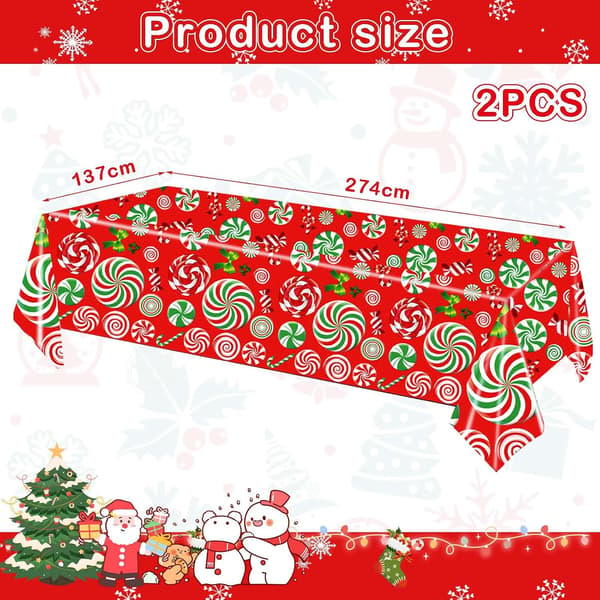 Christmas Tablecloth, 2 Pieces, 137 x 274 cm, Large Red Rectangular Tablecloth for Christmas, Candy, Lollipop, Christmas Dinner, Merry Christmas, for