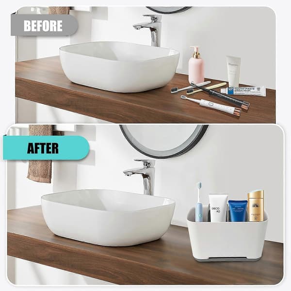 Toothbrush Holder, 3 Compartment Toothbrush Organizer with Drain Hole Multifunctional Storage Box (Grey-L)