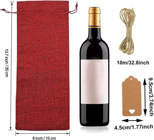 16 Reusable Jute Wine Bags with Drawstring and Tag, 34cm x 15cm