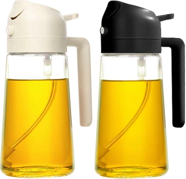 2-pak olivenoliedispenser, 2-i-1 oliesprøjte til madlavning, 470 ml oliesprayflaske i glas, fødevaregodkendt (hvid og sort)