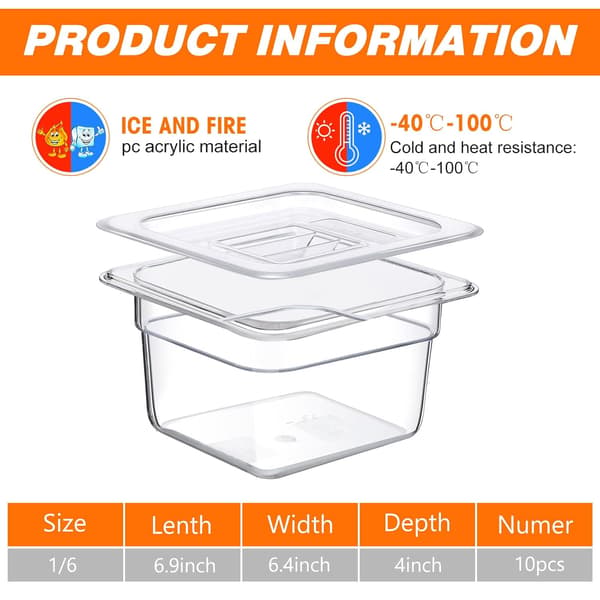 10 stk. 1/6 størrelse mad til tommer, 1,5 tommer 4 Inch (1.5 Quart)