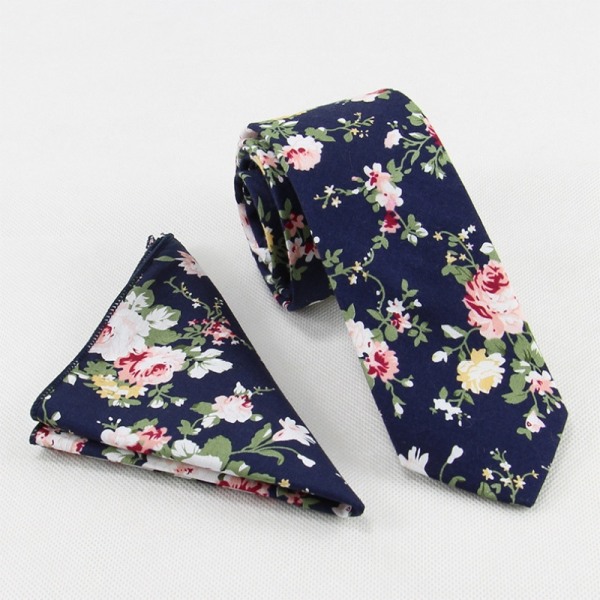 Herr Casual Skinny Floral Tie Combo Set med Blomma ficka Fyrkantig bomullsslips Handgjorda slips set(2st)
