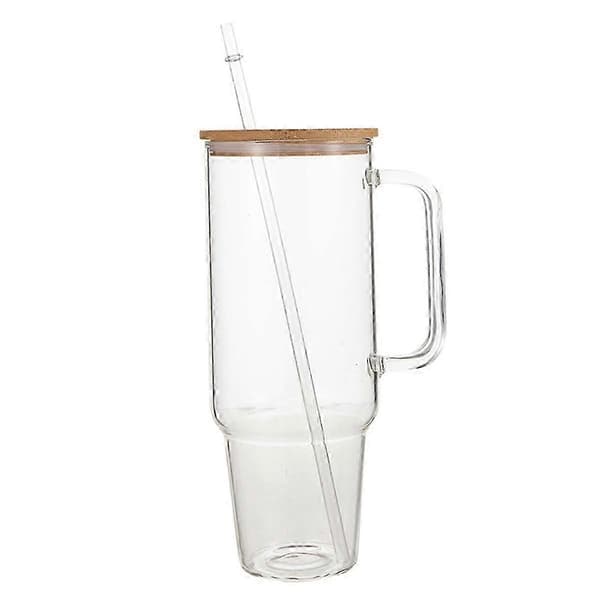 1.2 Liter Glass Cup with Handle and Straw Lid, Reusable Coffee Cup