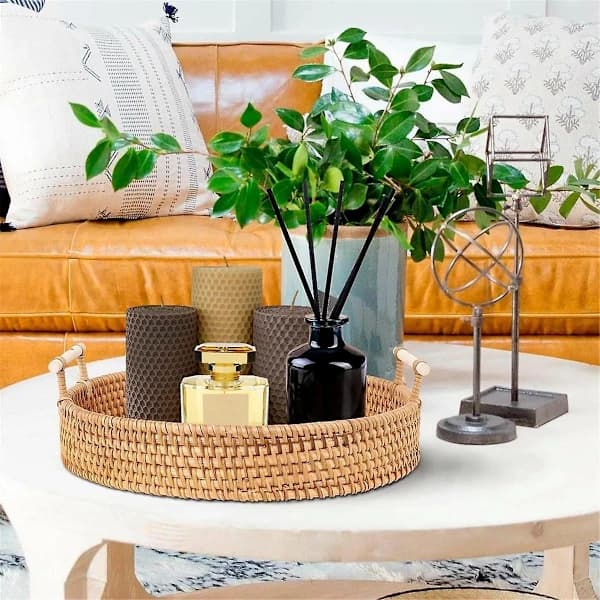Round Rattan Serving Tray, Hand-Woven Decorative Tray with Handles for Home Kitchen Coffee Table, Brown 28 cm
