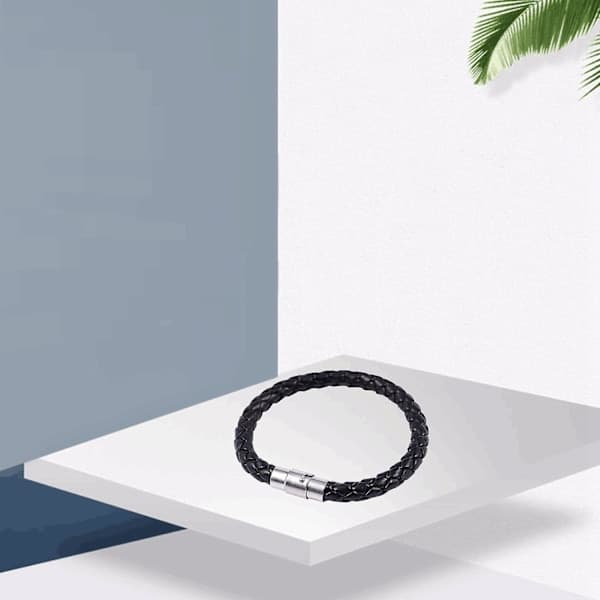 Armbånd i rustfrit stål og læder, flettet læderarmbånd, unisex, sort - Bredde 6 mm - Længde