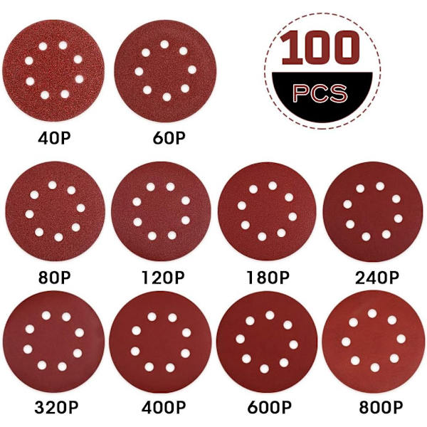 Slippappersskiva, 100 st 5 tum 8 hål Flockning 6 Specifikationer, 125 mm Slippappersskiva Slippapper Fästplatta Ark Slipverktyg Ci