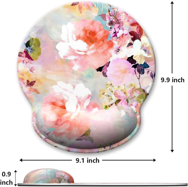 Ergonomisk musematte med håndleddsstøtte, blomstermusematte med håndleddsstøtte i minneskum, laptopdekorasjon, rosa blomster