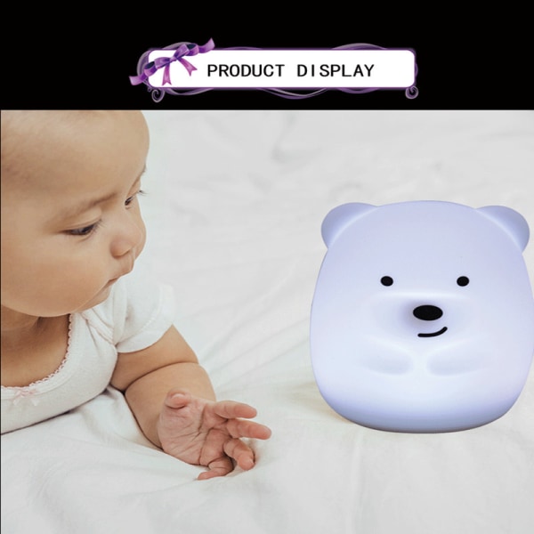 Bear Night Light til børn og babyer med fjernbetjening, LED-lys, 9 lysfarver, lavet af silikone, vaskbart, USB-genopladeligt batteri, Auto