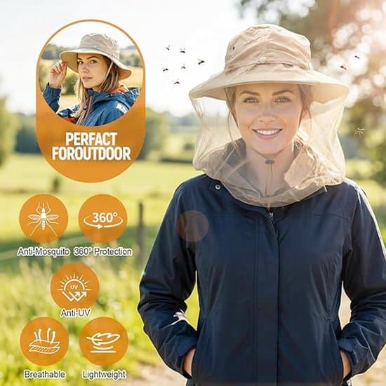 Mosquito Head Net - Mosquito Hat - Insect Net Hat - Beekeeper Hat - Portable Mosquito Net Hat - Summer Beekeeper Hat for Walking - Khaki - 52x10 cm