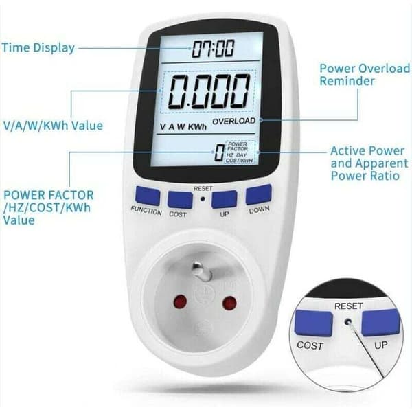 Effektmåler Wattmeter Stik, Elektrisk Energimåler Stik med 7 Tilstande, Energimåler med Display