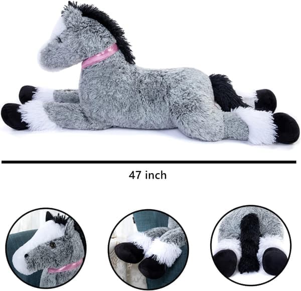 Erittäin suuri hevospehmolelu, pitkä harmaa hevospehmotyyny 120 cm Grey 120cm