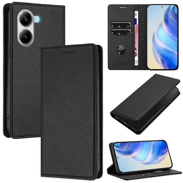 Pungcover til Xiaomi Poco X7 Pro 5G RFID-blokerende Læder med Litchi-tekstur Mobilcover Sort