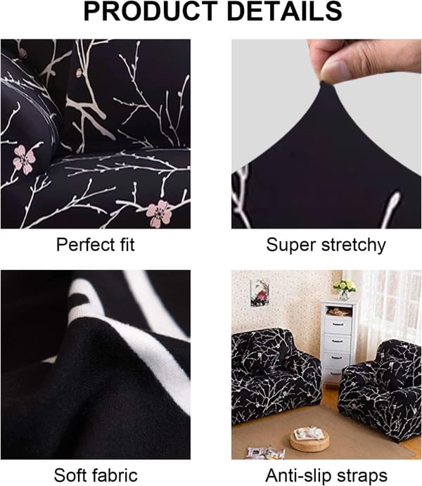 Stretch Sofföverdrag 3-sits Sofföverdrag med Armstöd Moderna Universella Elastiska Sofföverdrag Soffskydd Skyddsöverdrag, Svart Blomma