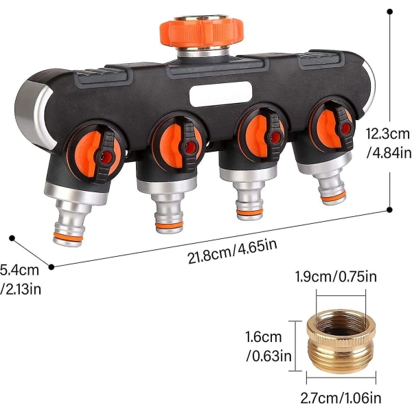 4-tietoinen vesijakaja: 3/4 tuuman ja 1/2 tuuman jakaja 4-tietoinen, 4-tietoinen vesiliitäntäjakaja puutarhan kasteluun, pesuun, lemmikkeille, ...