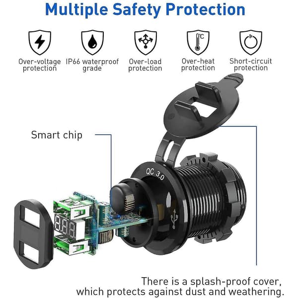12V USB-uttak, Dobbel QC 3.0 USB-billader med bryter, 36W USB Vanntett Strømuttak Lader