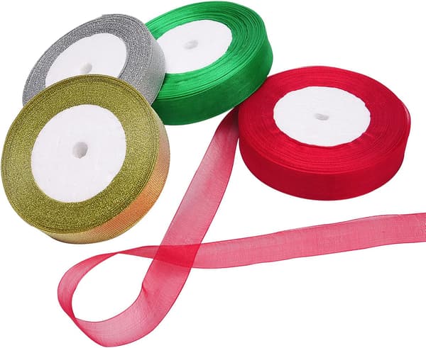 4 ruller 4/5 tommer brede julemetalliske glitterorganza