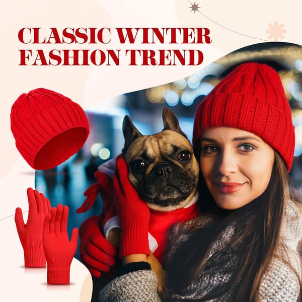 Vintermössa och handskar set stickad fleece mjukt fodrad röd Red