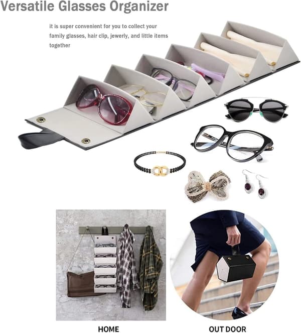 Foldable Glasses Case with 5 Compartments Large Capacity PU Leather Storage Organizer for Men and Women Black