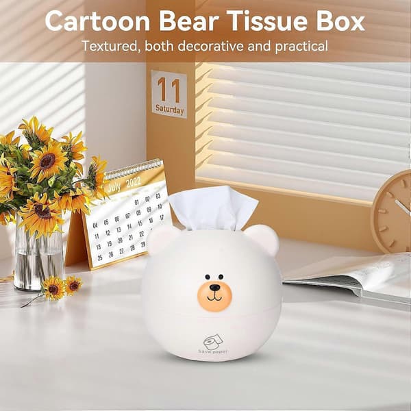 Tissue Box, Cartoon Bear Face Tissue Dispenser Holder Car Tissue Box Round Container (White)