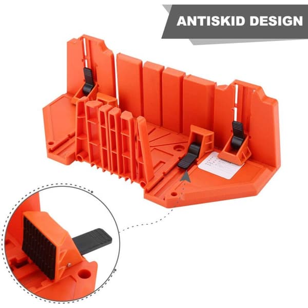Miter box with saw guide, for cutting angles of 0°, 22.5°, 45° and 90°, designed for construction work.