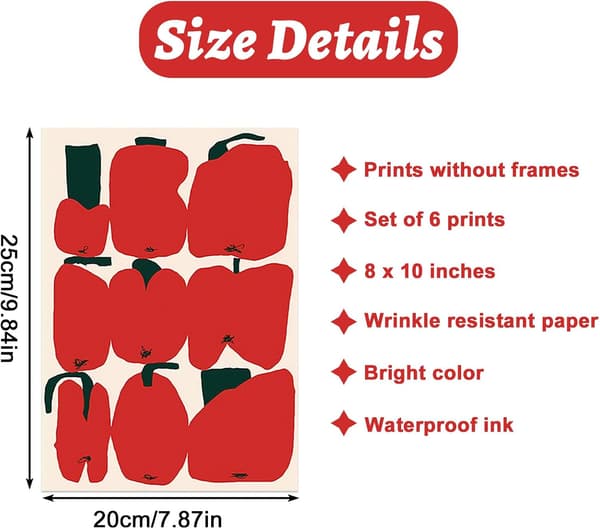 Fruit Art Prints on Canvas, Set of 6 Aesthetic Canvas Posters for Wall Display (Unframed)