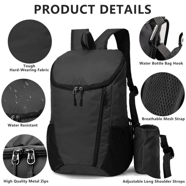 Small, Lightweight, Foldable Hiking Backpack, Waterproof and Packable for Men, Women, and Kids; Durable Sports Backpack, Black